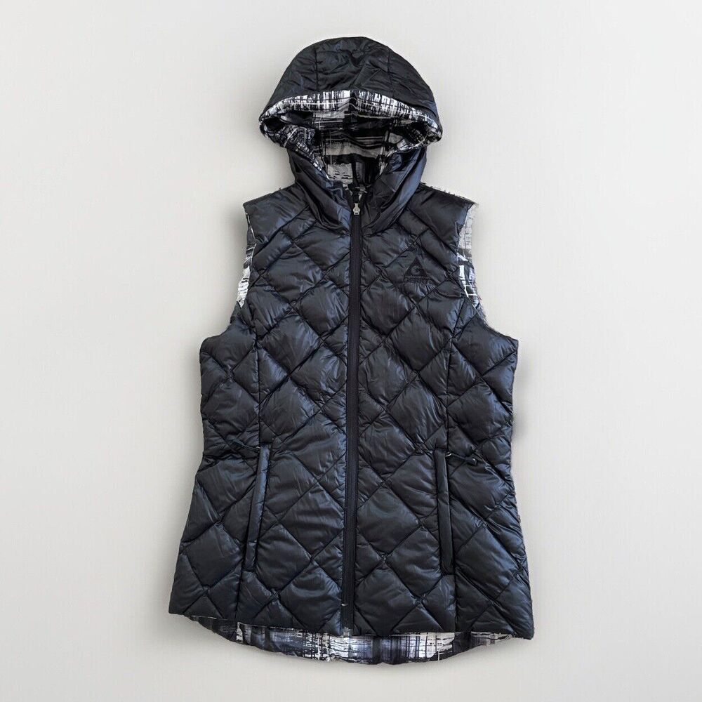 Gerry Puffer Down Vest Womens Size SMALL Packable‎ w/ Bag Full Zip Hooded Black